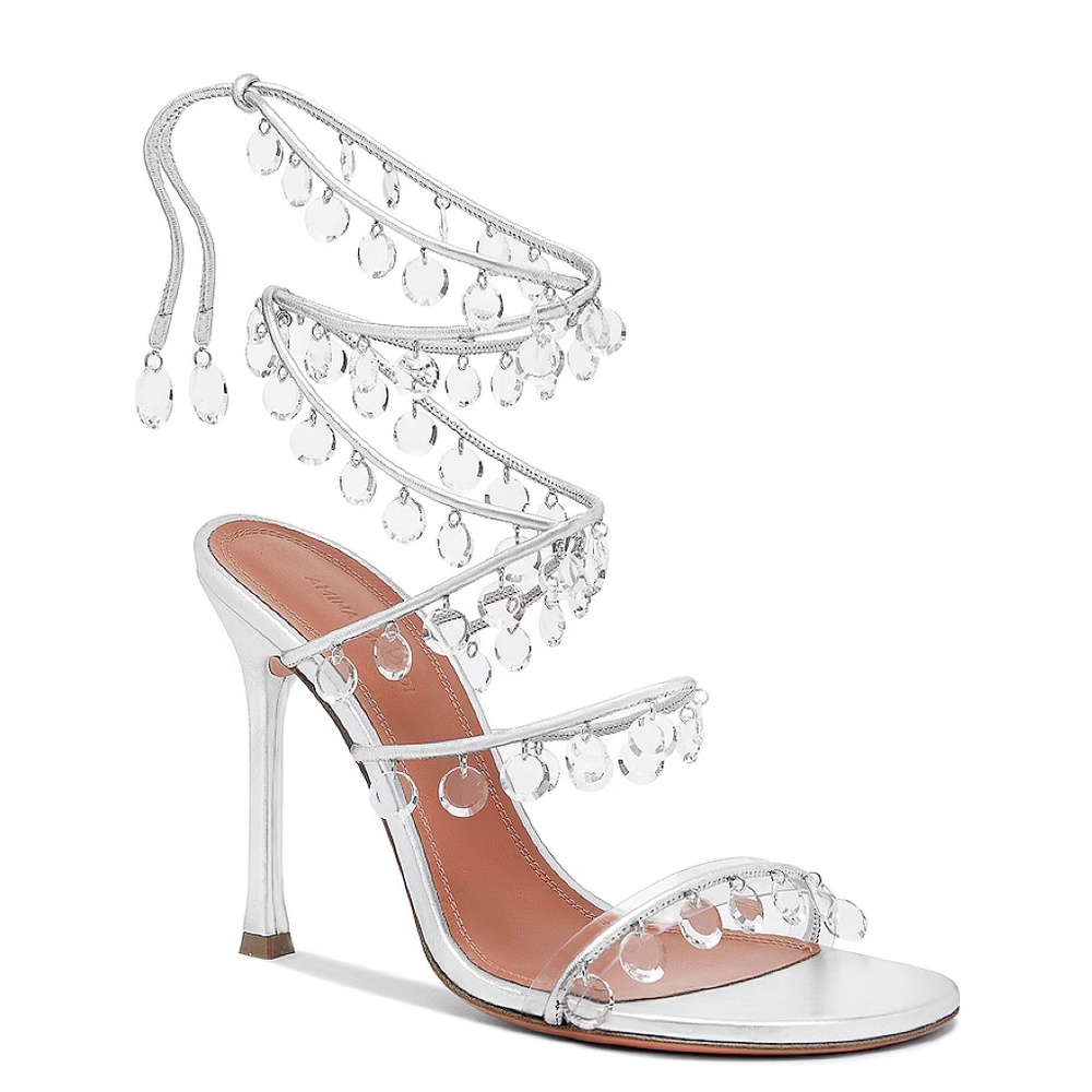 Amina Muaddi Tina Leather Ankle-Wrap Sandals With All Over Crystals-Appliques